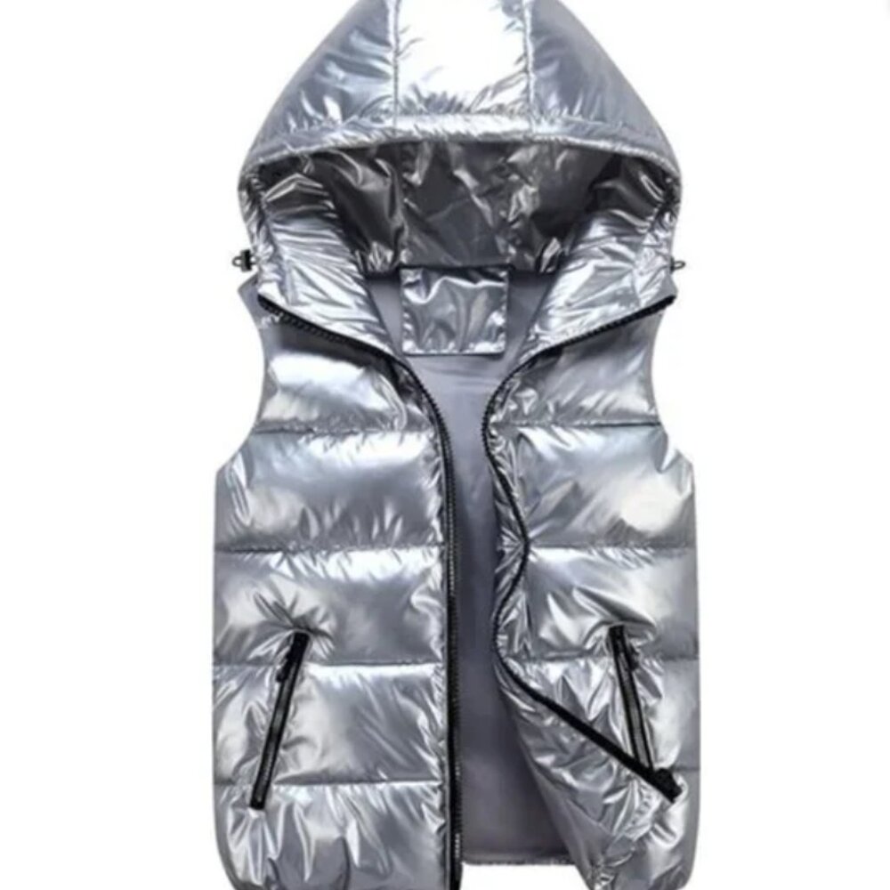 New Silver Metallic Hooded Puffer Vest XL